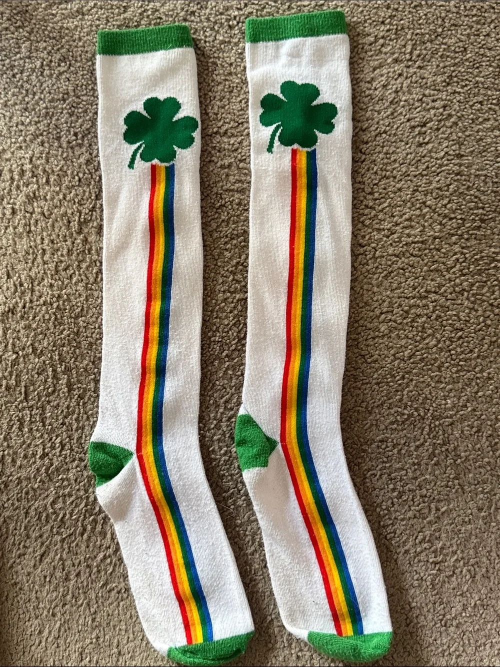 Women’s St. Patrick’s Day Socks with Green Shamrock & Rainbow Stripe!
